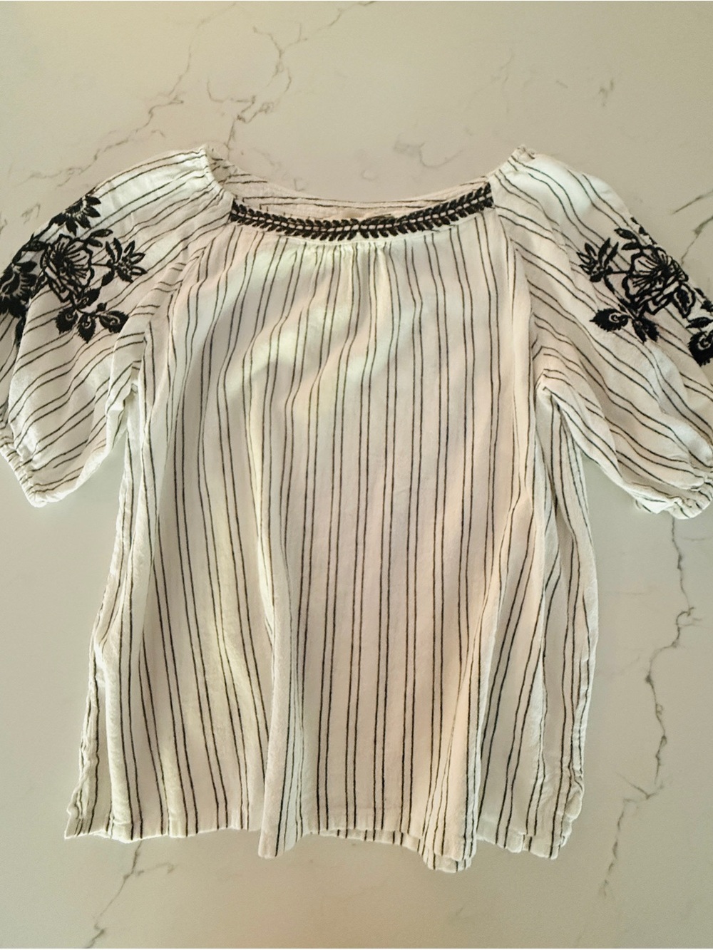 LOFT White Blouse with Black Striped Detail and Embroidered Sleeves